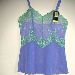 NWT Wacoal Sheer Blue Mesh & Green Lace Camisole w/FREE unworn matching brief